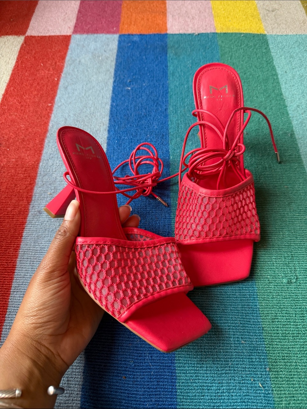 Marc Fisher Red Mesh Square-Toe Lace-Up Heels - Picture 2 of 4